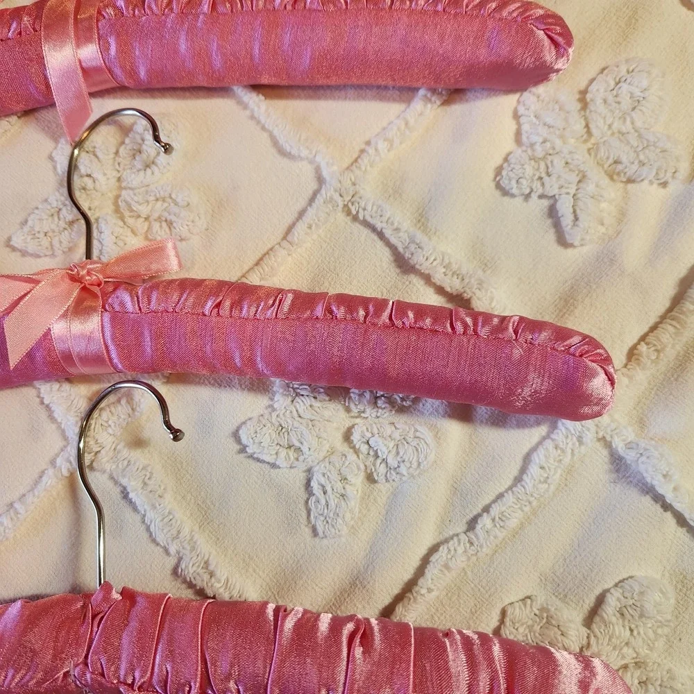 Fabric Padded Clothes Hangers Satin Soft Pink Material Three Count 14.25